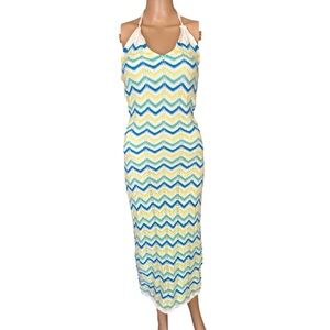 * NWT!!! Freshman 1996 / Blue & Cream Chevron Crochet Halter Maxi Dress / Size S